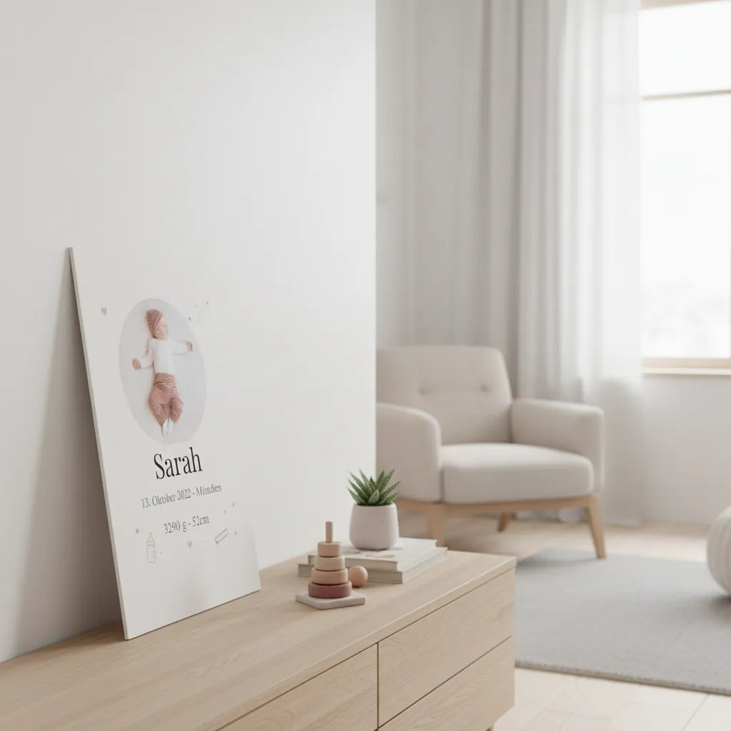 Baby Geburts Schild Modell Sarah – Minimalistisch & personalisiert