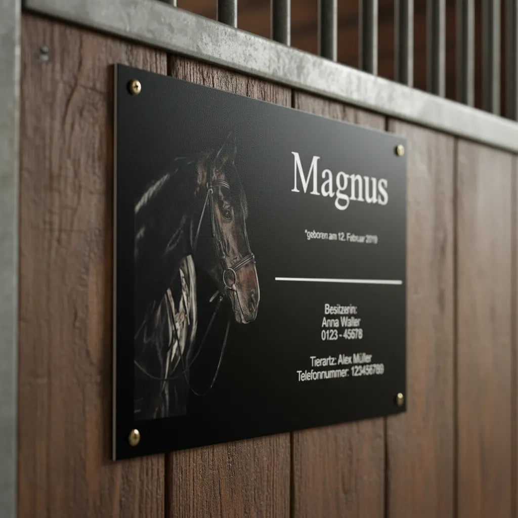 Premium Boxenschild Pferd personalisiert – Elegantes Schwarz Design mit Foto