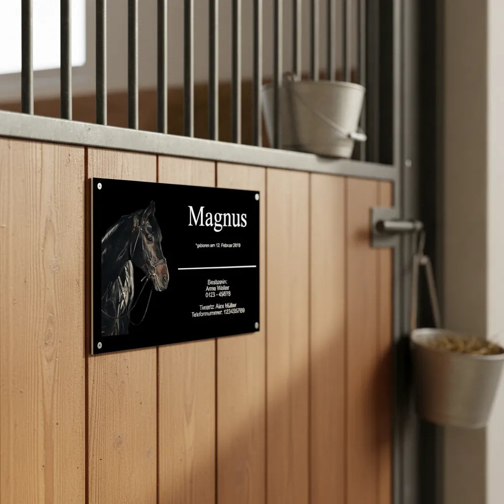 Premium Boxenschild Pferd personalisiert – Elegantes Schwarz Design mit Foto