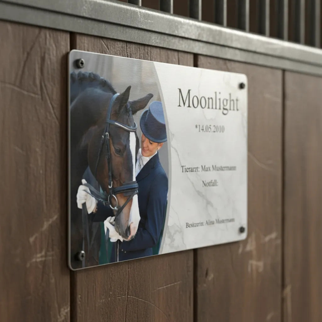 Personalisiertes Boxenschild Pferd – Premium Marmor Design mit Foto