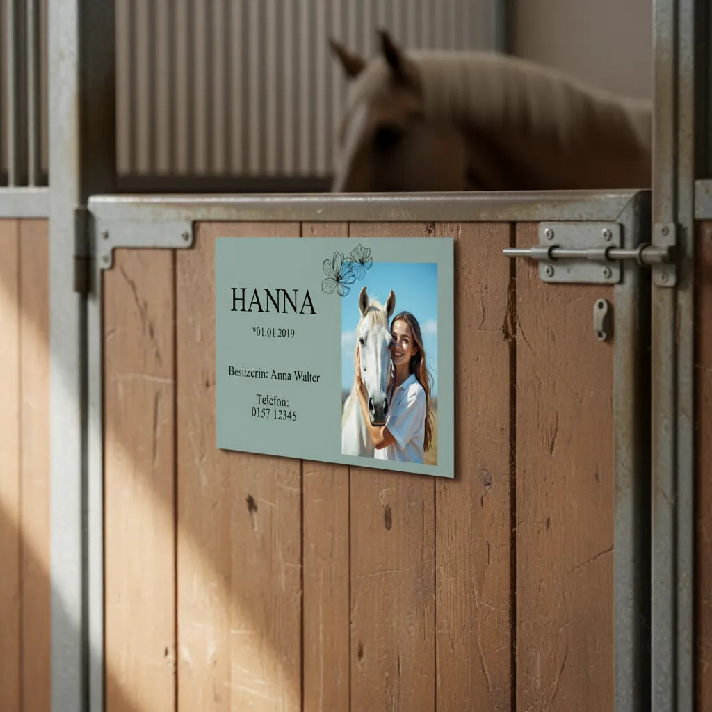 Boxenschild Pferd personalisiert – Modernes Design mit Foto & Namen