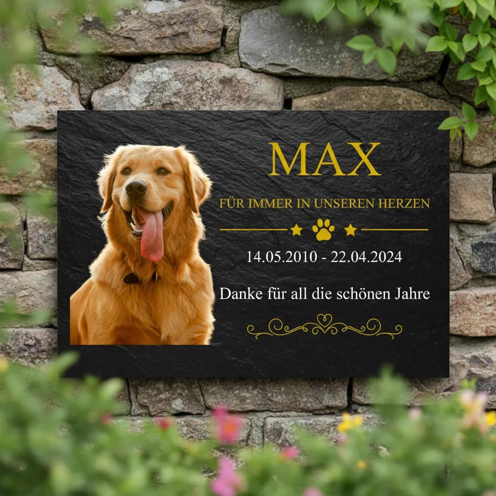 Gedenkschild Hund Modell Nero – Personalisiert mit Foto, Namen & Datum