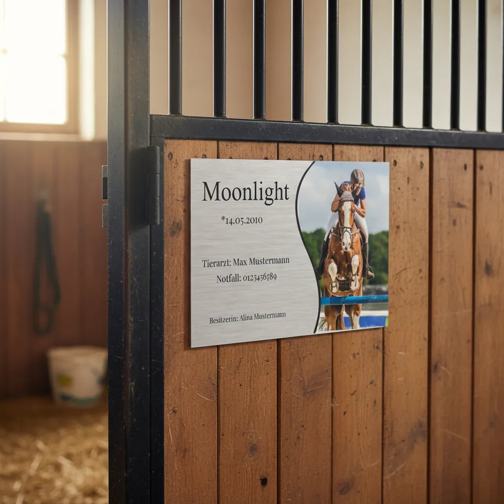 Boxenschild Pferd Modell Moonlight – Sportliches Design mit Foto & Daten