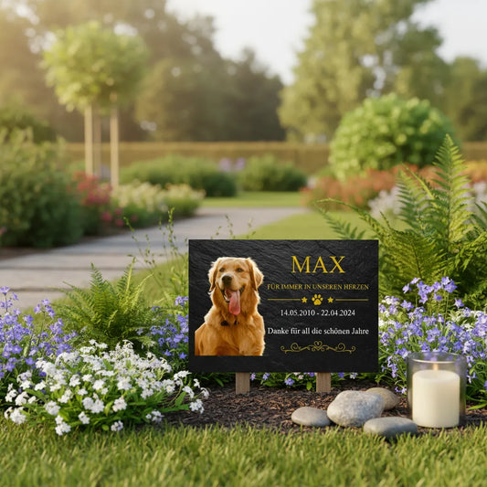 Gedenkschild Hund Modell Nero – Personalisiert mit Foto, Namen & Datum