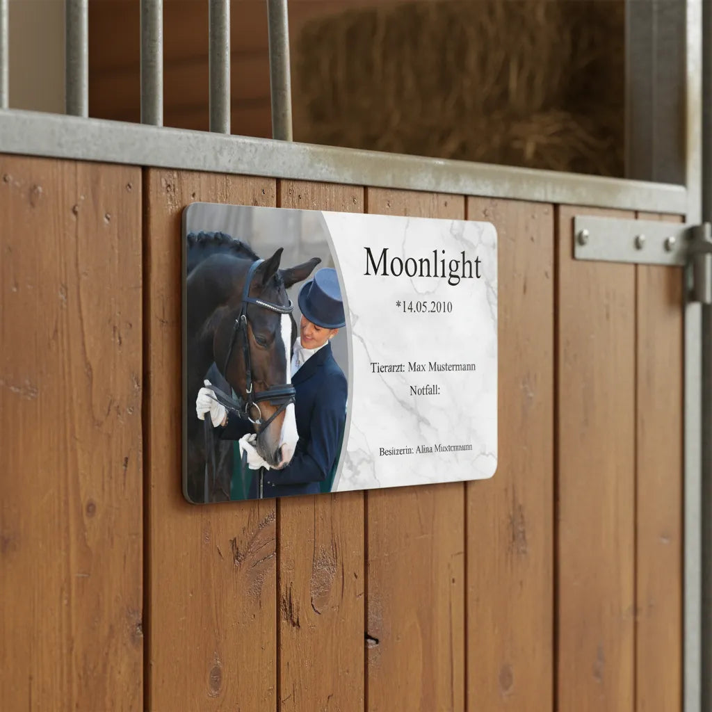 Personalisiertes Boxenschild Pferd – Premium Marmor Design mit Foto