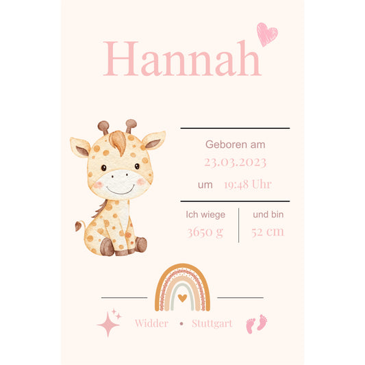 Baby Geburts Schild Modell Hannah – Personalisiert mit Name & Geburtsdaten
