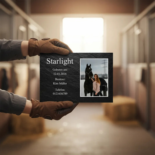 Boxenschild Pferd personalisiert – Schiefer Design mit Foto & Namen