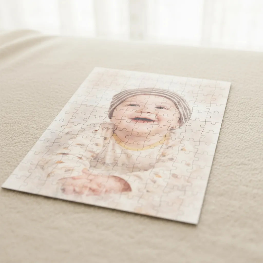 Kleines Glück – Personalisiertes Baby Foto Puzzle im Aquarellstil