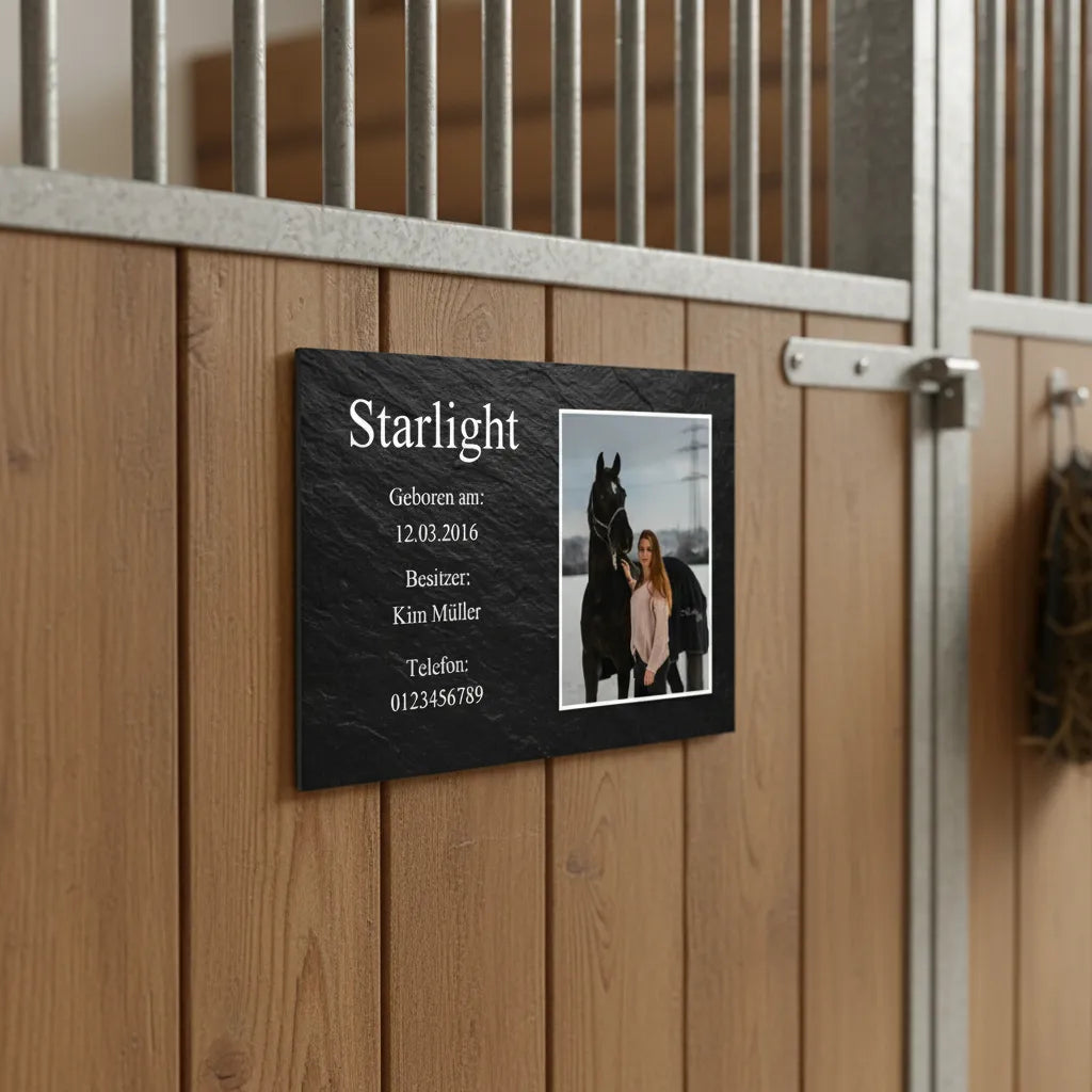 Boxenschild Pferd personalisiert – Schiefer Design mit Foto & Namen