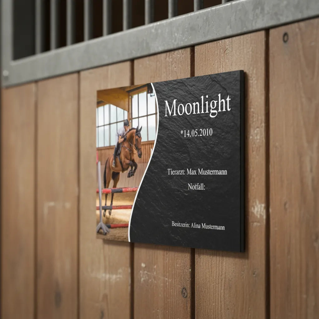 Personalisiertes Boxenschild Pferd – Premium Stall-Schild mit Foto