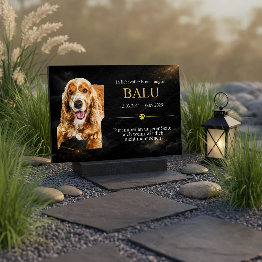 Gedenkschild Hund Modell Aureo – Personalisiert mit Foto, Namen & Datum