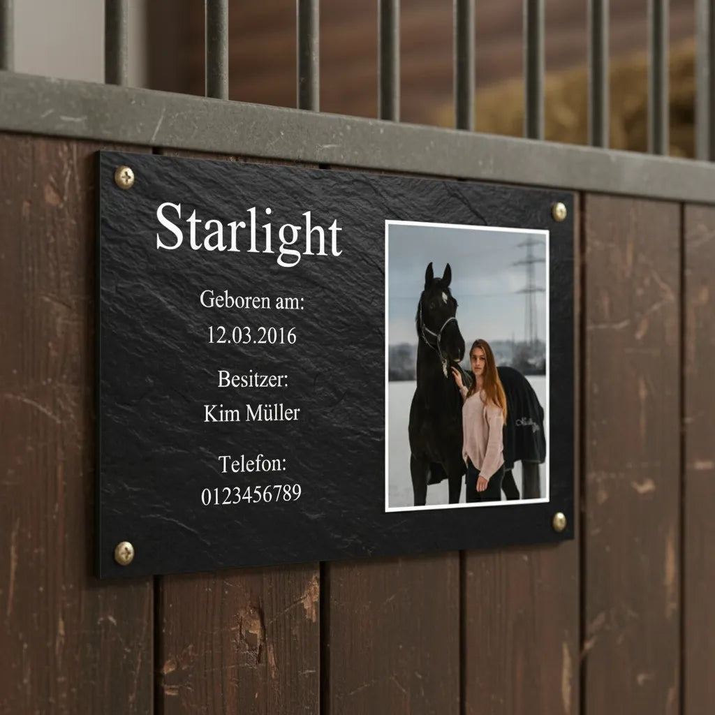 Boxenschild Pferd personalisiert – Schiefer Design mit Foto & Namen