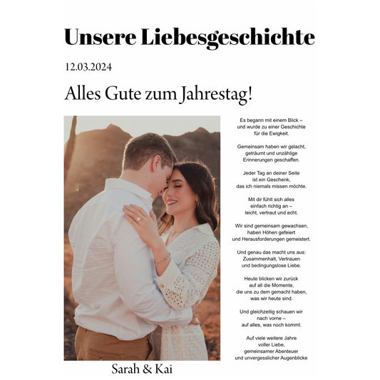 Liebeszeitung Modell Sarah & Kai – Personalisiert mit Foto & eurer Geschichte