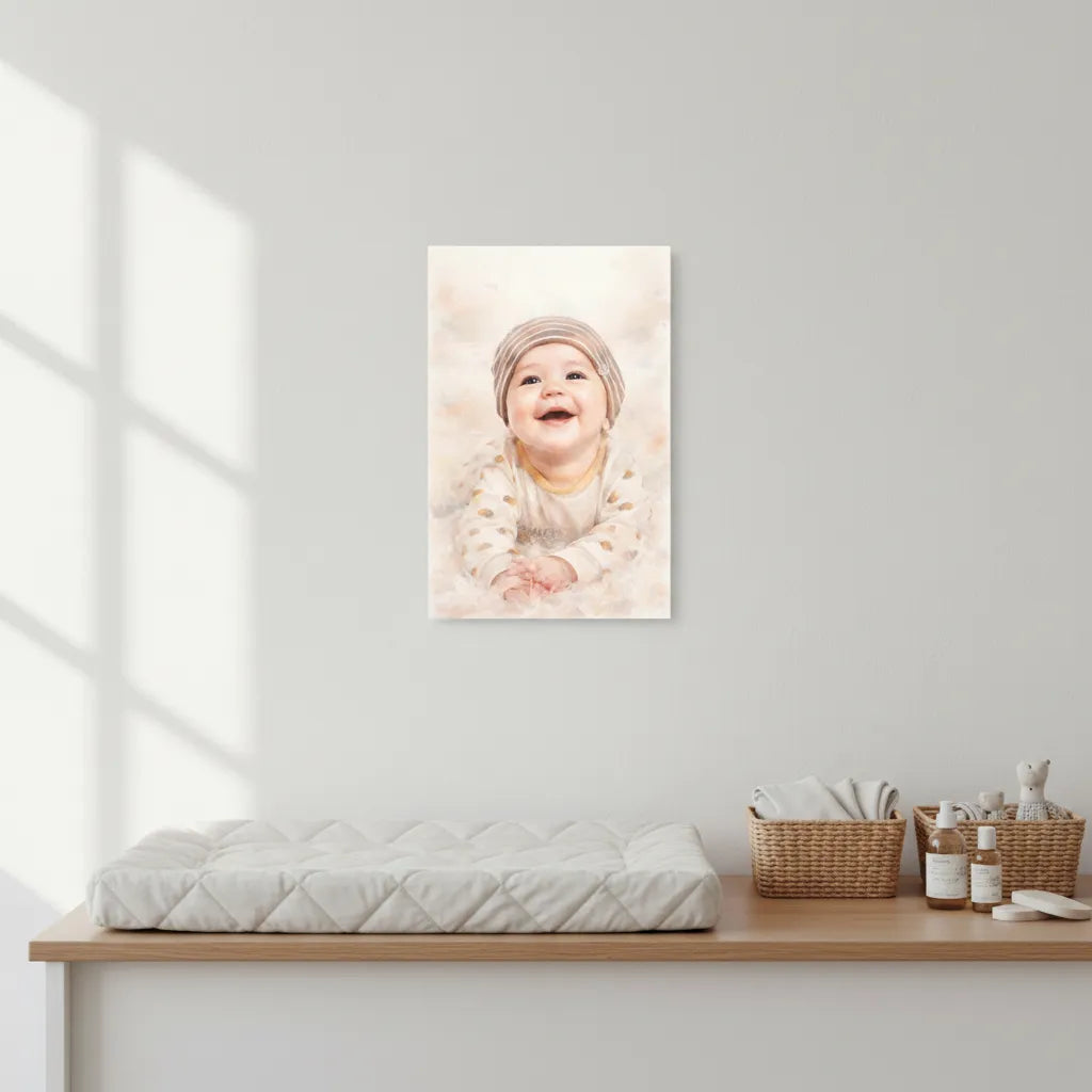 Personalisiertes Baby-Schild im Aquarell-Stil – Dein Foto als liebevolles Kunstwerk