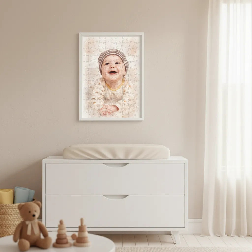 Kleines Glück – Personalisiertes Baby Foto Puzzle im Aquarellstil