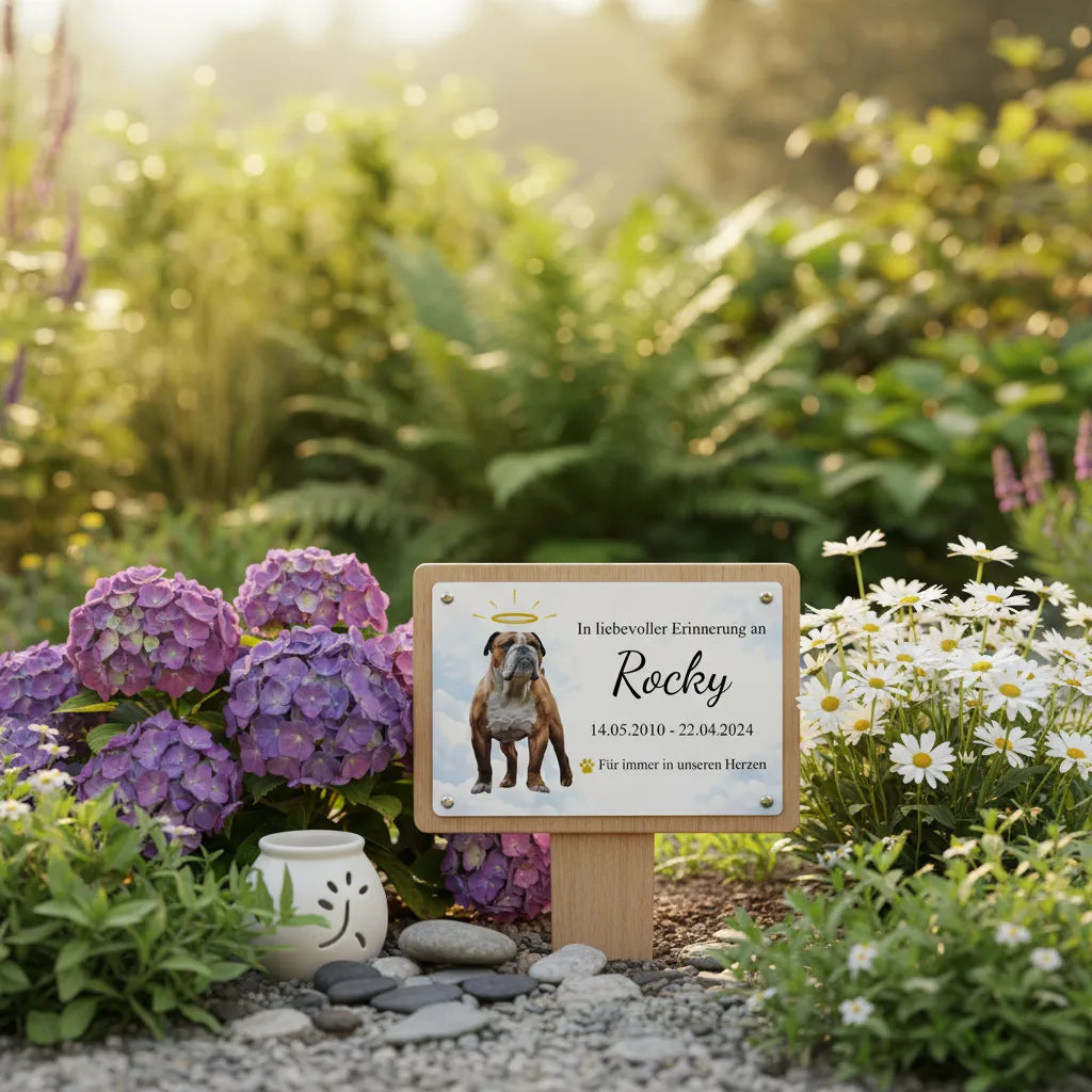 Gedenkschild für Hunde Modell Rocky – Personalisiert mit Bild & Namen