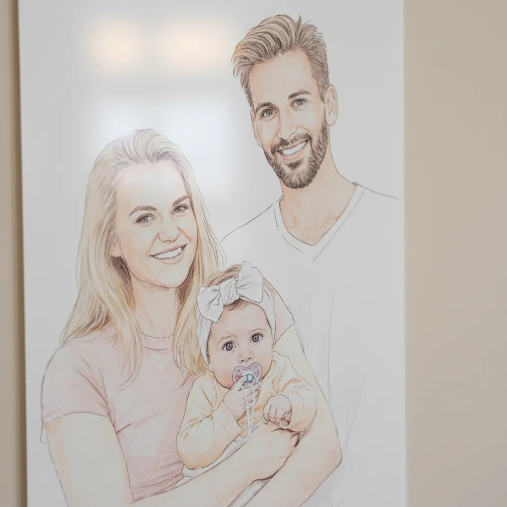 Personalisiertes Familien-Schild im Bleistift-Stil – Dein Foto als liebevolles Kunstwerk