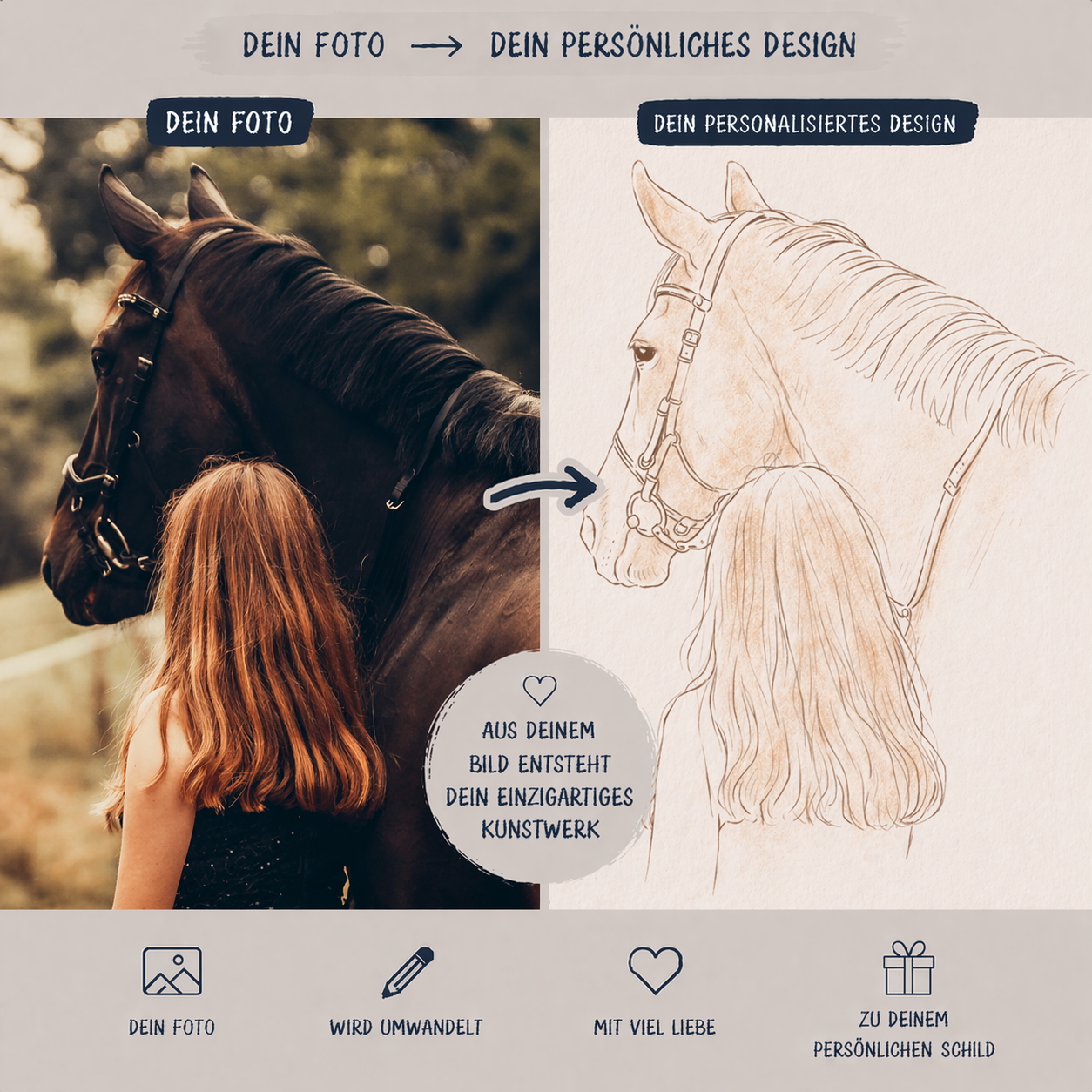 Personalisiertes Pferde-Schild im Bleistift-Stil – Dein Foto als handgezeichnetes Kunstwerk