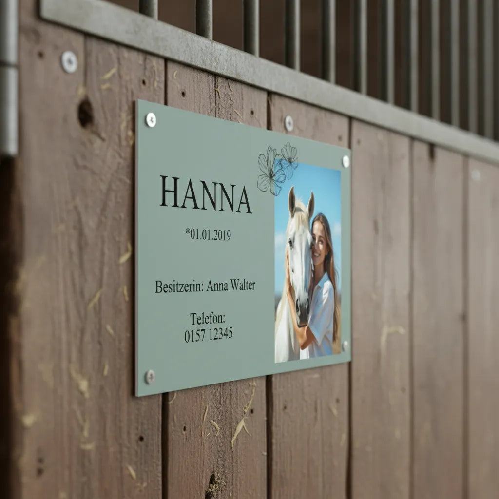 Boxenschild Pferd personalisiert – Modernes Design mit Foto & Namen