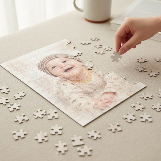 Kleines Glück – Personalisiertes Baby Foto Puzzle im Aquarellstil