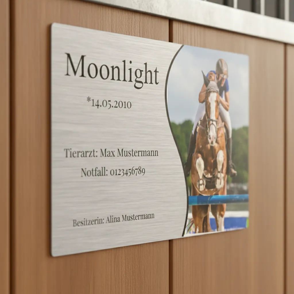 Boxenschild Pferd Modell Moonlight – Sportliches Design mit Foto & Daten
