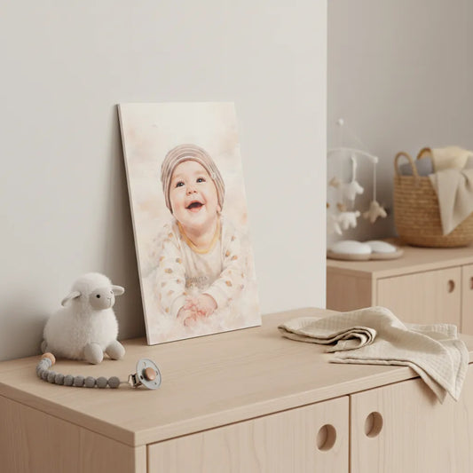 Personalisiertes Baby-Schild im Aquarell-Stil – Dein Foto als liebevolles Kunstwerk